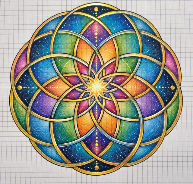 Hand-drawn Flower of Life mandala in coloured pencil: overlapping gold-outlined circles filled with blue, purple, green and orange, small stars in the dark spaces and a glowing golden star at the centre.
