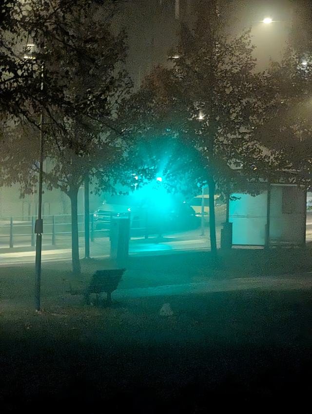 A park at night in thick fog: bare trees, a bench and street lamps, with a turquoise light glowing through the mist.