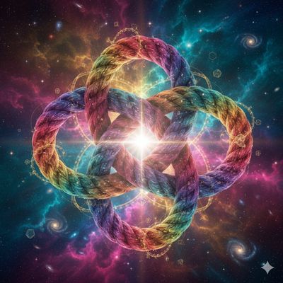 Digital image of four interlaced rainbow-coloured rings forming a knot around a radiant star, against a pink and turquoise space background.