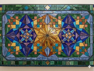 Rectangular leaded stained-glass panel with three star rosettes, two in blue and purple and a gold one in the centre, surrounded by green and yellow tiles.