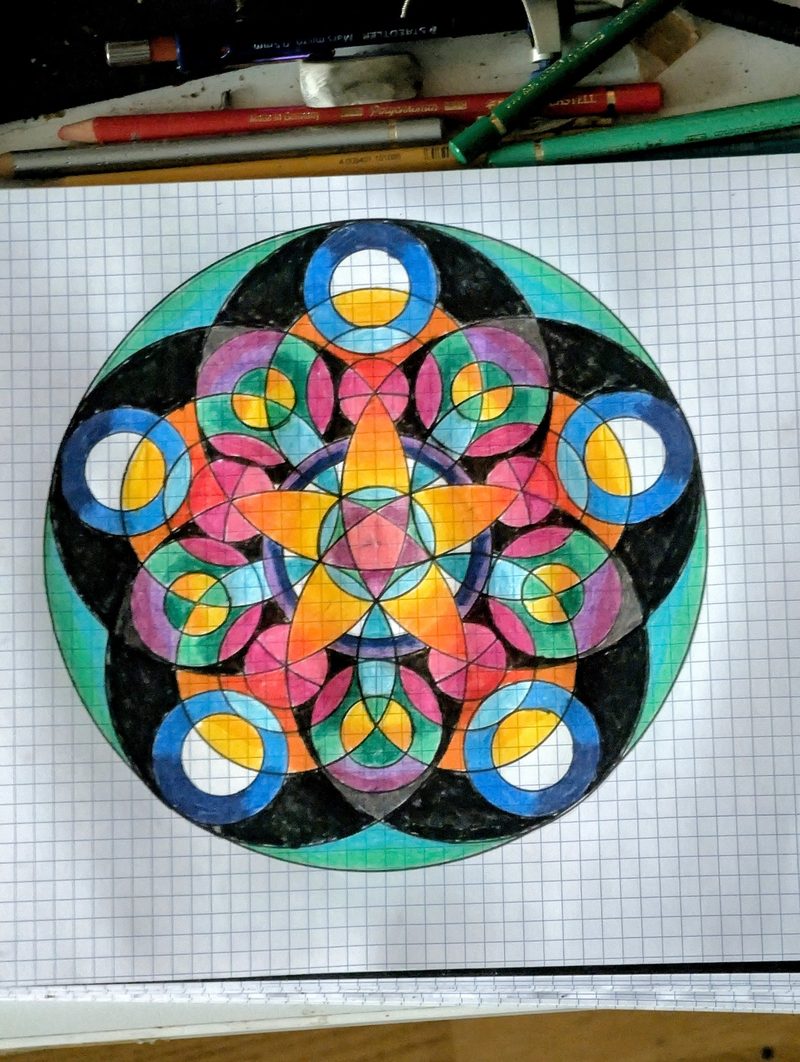 Coloured-pencil mandala with five-fold symmetry: a five-petal star inside a ring of overlapping circles, framed by black fields and five open portals around the rim.
