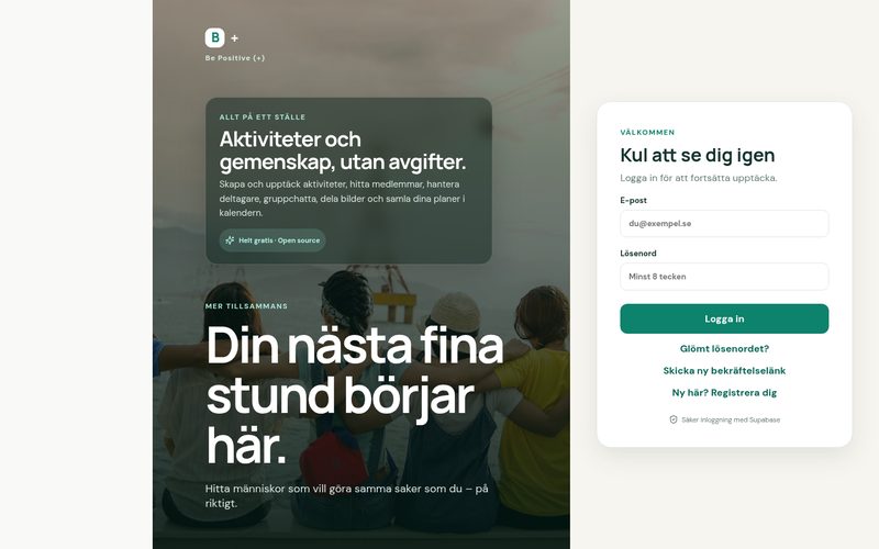 Screenshot of the B+ start page: a photo of friends with arms around each other beside the headline “Din nästa fina stund börjar här” and a sign-in card.