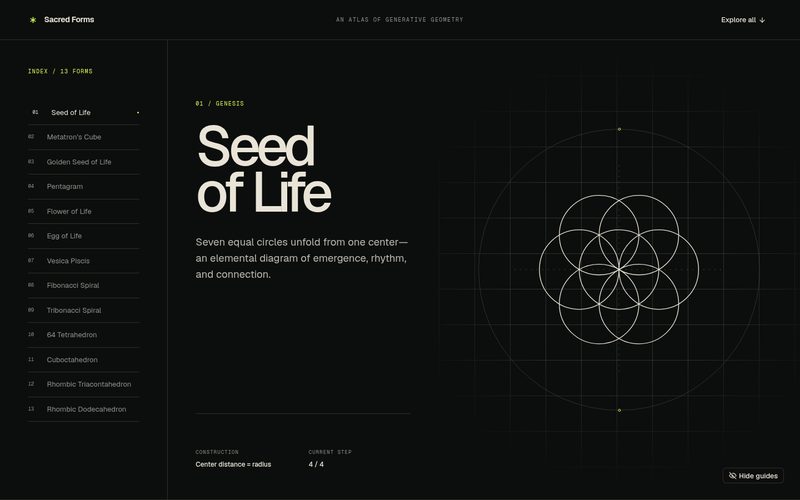 Screenshot of Sacred Forms: an index of 13 geometric forms on the left and a line drawing of the Seed of Life, seven overlapping circles, on a dark grid.