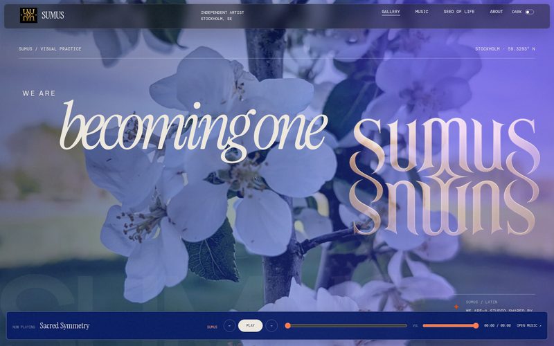 Screenshot of the SUMUS Works home page: the words “we are becoming one” and the mirrored SUMUS wordmark over pale blue apple blossom, with a music bar along the bottom.
