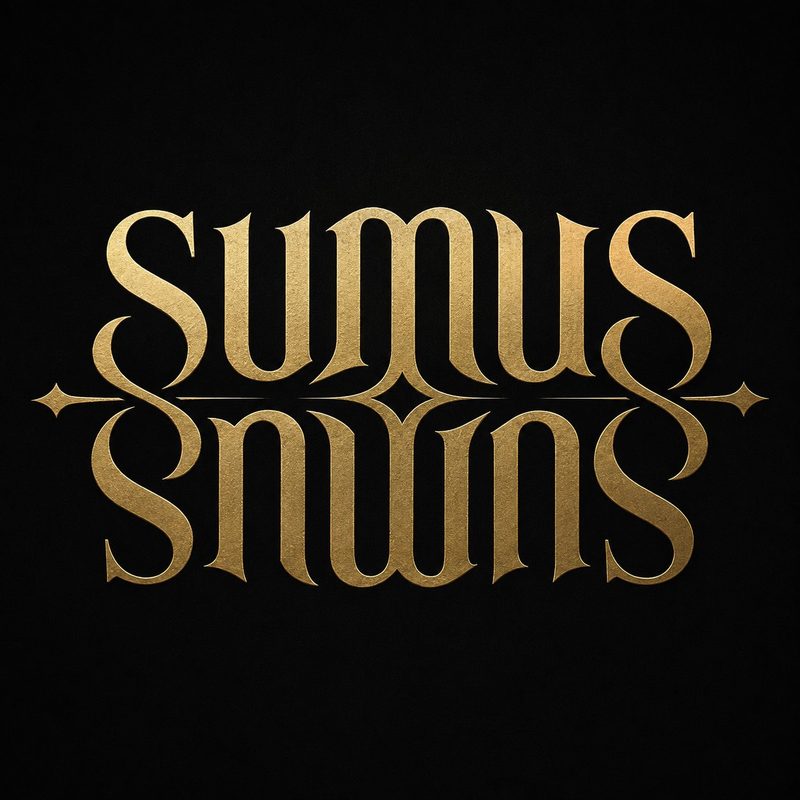 The mirrored SUMUS wordmark rendered in hammered gold.