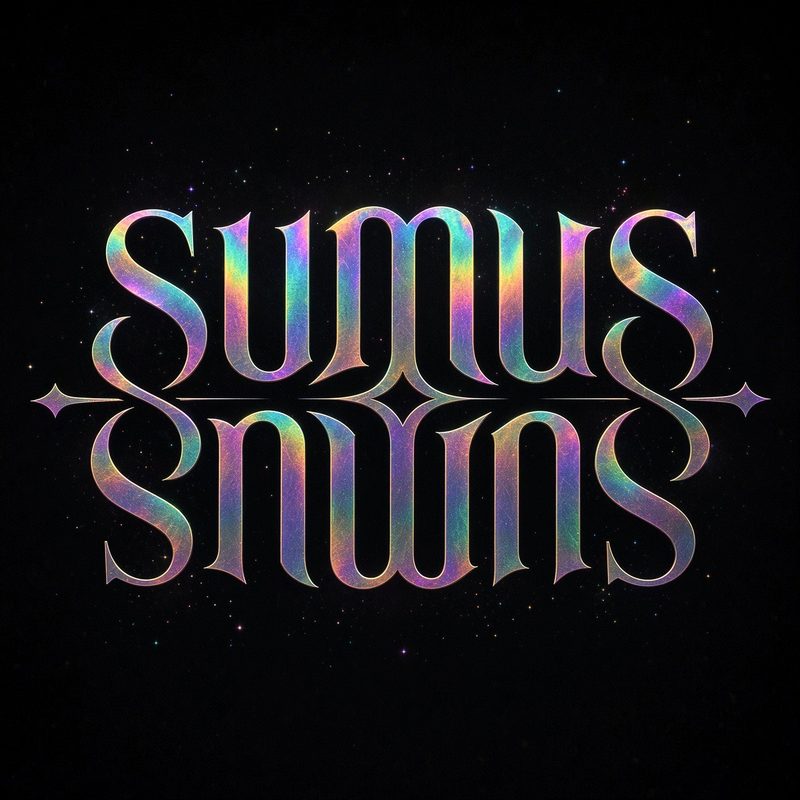 The mirrored SUMUS wordmark in worn spectral foil on a dark background scattered with small stars.